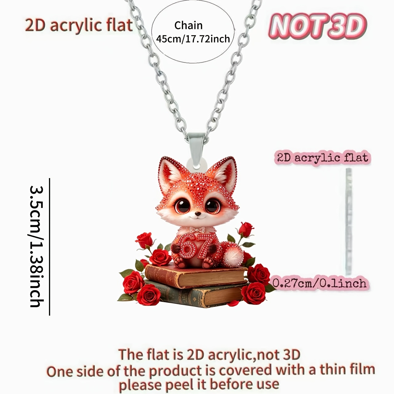 2D Acrylic Red Rose Fox Pendant Necklace, Gift Idea